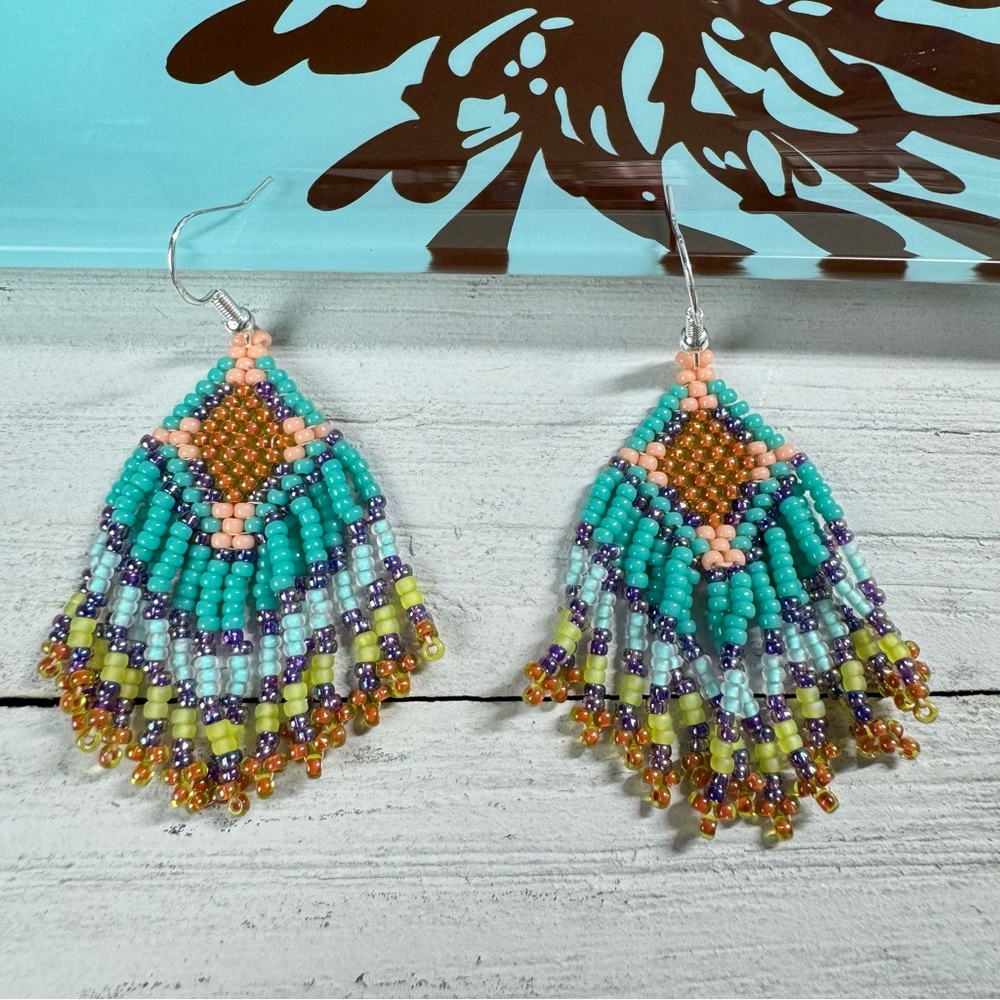 Handmade Seed Bead Beaded Earrings Native American Themed 2.5” Long Multicolor